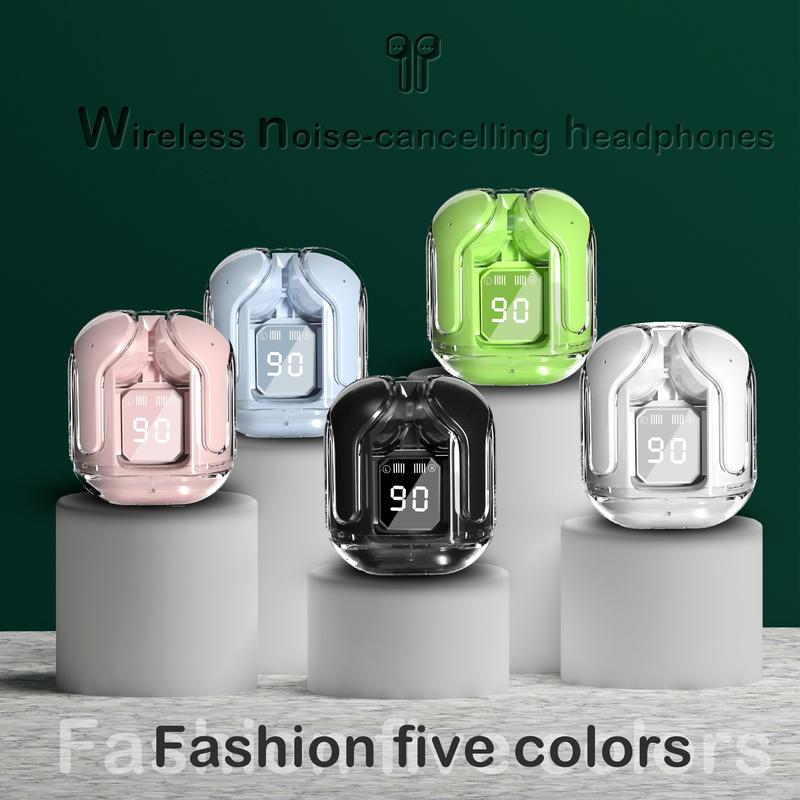 Five-Color Wireless Headphones - High-Fidelity Sound, LED Digital Power Display, Transparent Charging Case, Noise-Cancelling Technology for Music, Games, and Sports