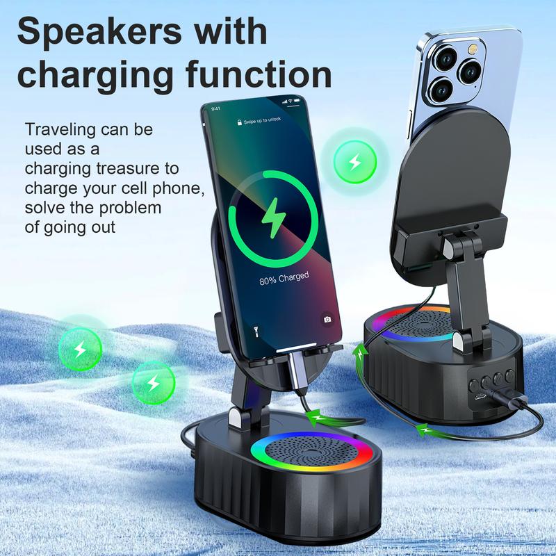 AKLLCCR Wireless Induction Audio Bluetooth Speaker 5in1 Phone Holder Emergency Rechargeable (3000mAh) Portable Power Tablet Stand With Colorful Ambient Light 300° Foldable for iPhone Android Non-Slip Base, Unique Cool Gadget Tech Gifts For friend, family