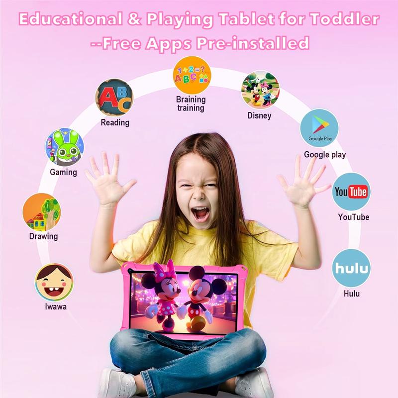 Kids Tablet, 7-inch kids tablet, Android tablet, 3 + 5 Ram 64GB ROM (256GB TF card) Google Certified, kids software pre-installed, WiFi, shockproof case, gift for kids, (Pink) rom tablet Digital Educational