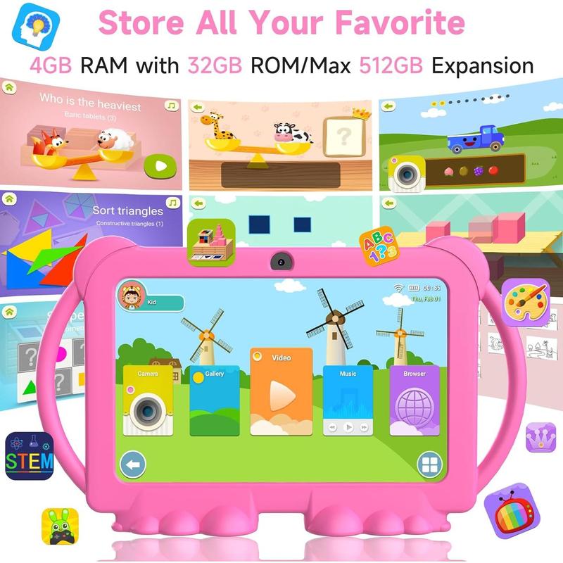 2024  Tablet, Android 12 Tablet for  7 inch, 4+32GB ROM(1TB Expand),  Tablet with Parental Control, BT, WiFi, Dual Camera, Shockproof Case,  APP Preinstalled, Education(Pink)