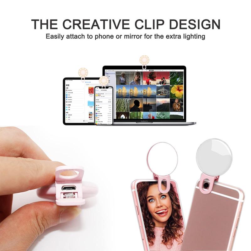 Mini Ring Selfie Light, Upgraded Small Clip On Ring Light,Nursing Light ,Portable LED Light for Phone, Smartphone Accessories 3 Color Lighting Modes and Adjustable Brightness Selfie Light, Tool for Tiktok Stuff, Cellphone Photos (White,Black,Pink,Blue)