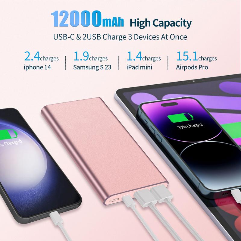 Portable Charger 12000mAh Power Bank Quick Charge Battery Pack USB C High-Speed 3A Input & Output Powerbank Compatible with iPhone 15 14 13 12 11 Pro Max iPad Samsung Android and More - Pink