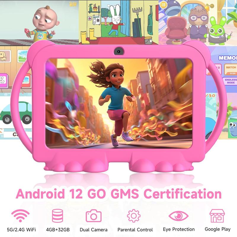 2024  Tablet, Android 12 Tablet for  7 inch, 4+32GB ROM(1TB Expand),  Tablet with Parental Control, BT, WiFi, Dual Camera, Shockproof Case,  APP Preinstalled, Education(Pink)