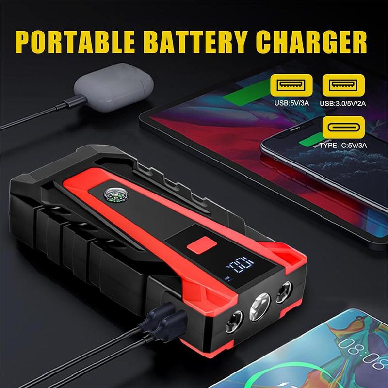 Battery Jumper for Car, Car Emergency Start Power Bank with LED Flashlight, Portable Car Jump Starter with Type C & USB Output, Multifunctional Car Battery Repair Tool