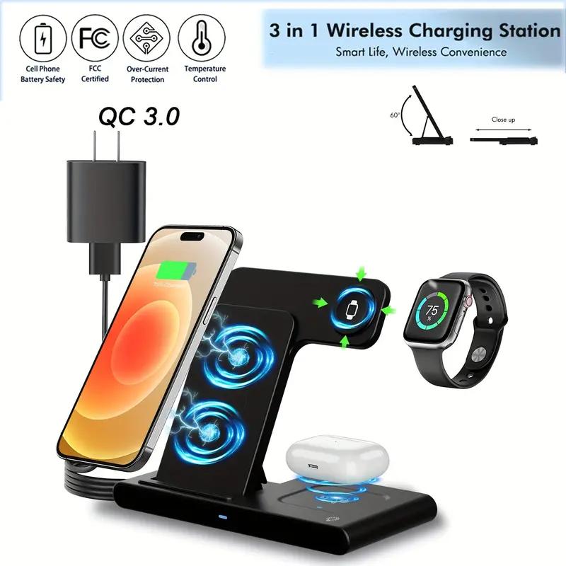 3 In 1 Fast Wireless Charger, Foldable Wireless Charging Station Suitable For iPhone 15 14 Pro Max 13 12 11, Multiple Devices Use