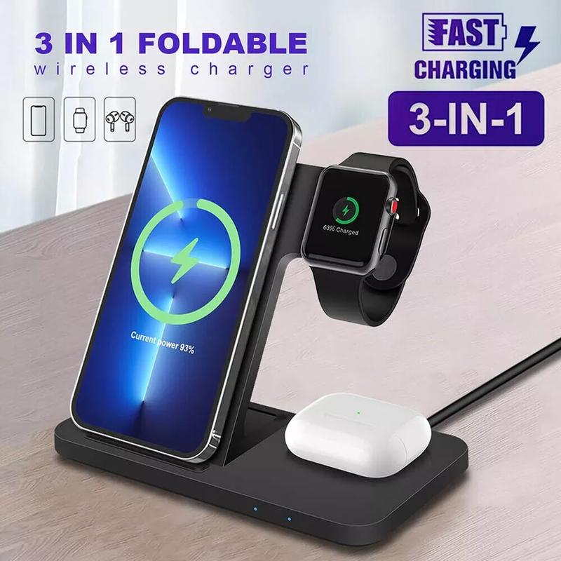 3 In 1 Fast Wireless Charger, Foldable Wireless Charging Station Suitable For iPhone 15 14 Pro Max 13 12 11, Multiple Devices Use