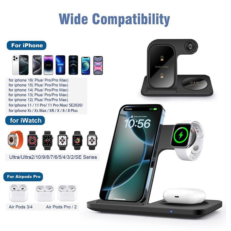 FDGAO Foldable 3 in 1 Charger Station, 15W Fast Wireless Charger Stand, for iPhone 16 15 14 13 12 11 Pro Max, iWatch Ultra 10 9 8 SE 7 6 5 4 3 2, Airpods Pro 3 2