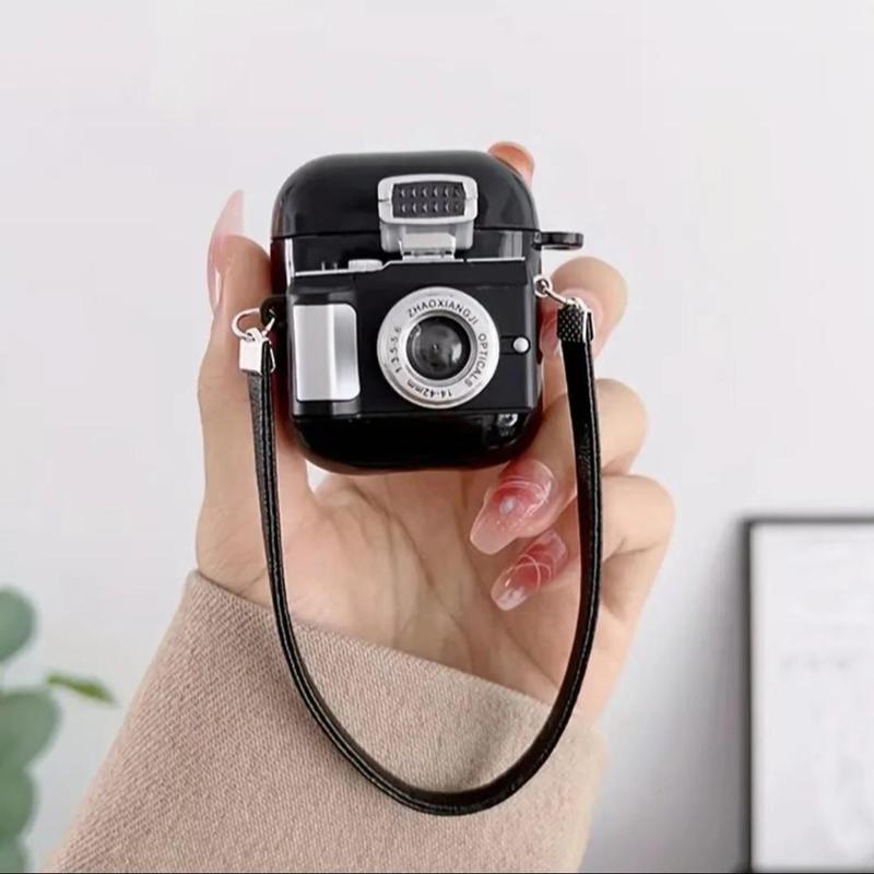 Vintage Camera Design Earphone Case with Strap, 1 Count 3D Camera Shaped Earphone Protective Cover, Earphone Protective Case Compatible with AirPods