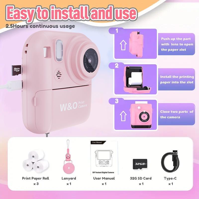 Instant Print camera, Polaroid Camera With 3 Print Paper, 32G Card Selfie Video Camera for Kids, 1080P Rechargeable Camera, Fast Photo Printing Toy camera, Chrismas Birthday gift, For All Ages