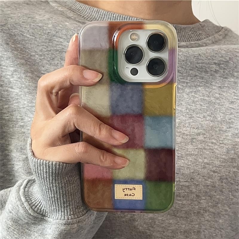 Cute Dopamine Color Block Match Plaid Clear Phone Case for Iphone 16 15 14 13 12 Pro Max Soft Silicone Back Cover